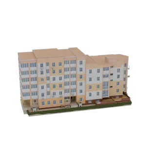 Modelo 3D de edifício de apartamentos moderno com fachada bege claro e creme, múltiplas janelas e varandas.