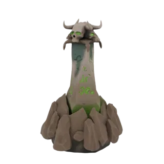 3D model of a gothic tombstone with skulls on top, glowing green runes on the pillar, and a rocky base, set against a white b