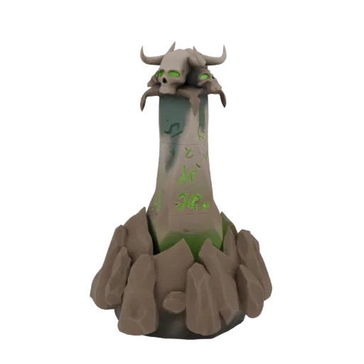 Modelo 3D de lápide gótica com crânios no topo, runas verdes brilhantes no pilar e base rochosa, contra um fundo branco.
