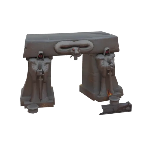 3D model of an ancient stone gate with two hooded guardians and a serpent carving above, rendered on a black background.