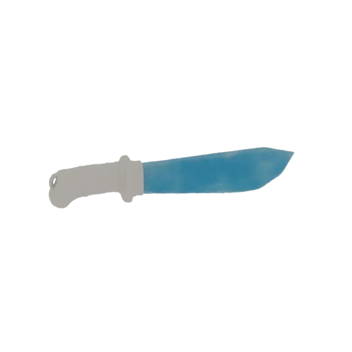 Modèle 3D d'une machette avec une lame bleu vif et un manche gris clair, présenté sur fond blanc.