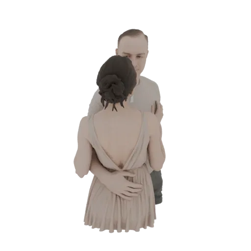 3D-Modell eines Paares, das sich zärtlich umarmt, mit dem Arm des Mannes um die Taille der Frau und ihren Gesichtern nah beie