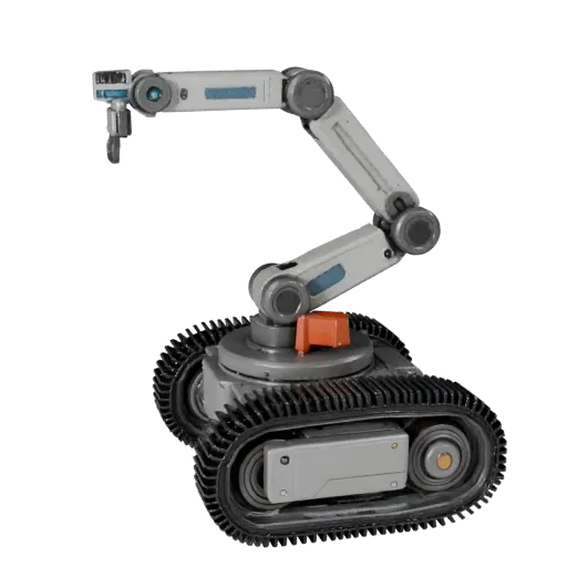 Crawler Robot Arm 3D model, three-quarter front view, Unreal Engine viewport, showing metal frames, robot form.