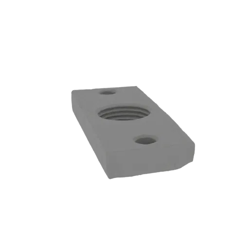 3D render of a gray, rectangular mounting plate with a central threaded hole and two smaller bolt holes on either side, set a