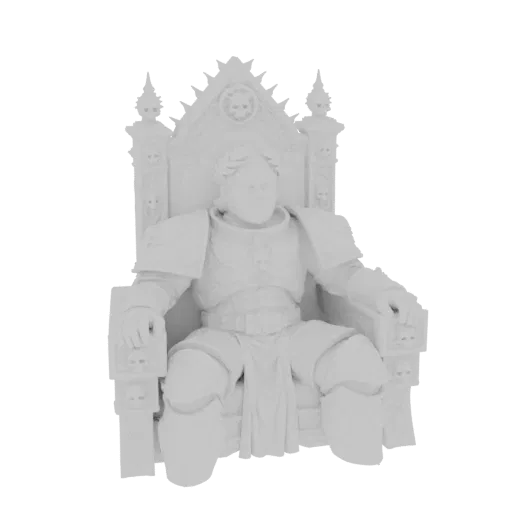 Modèle 3D d'un Empereur en armure ornée assis sur un trône détaillé, rendu en blanc.