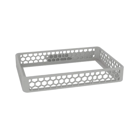A 3D render of a light gray rectangular tray with a hexagonal honeycomb pattern on its sides, set against a white background.