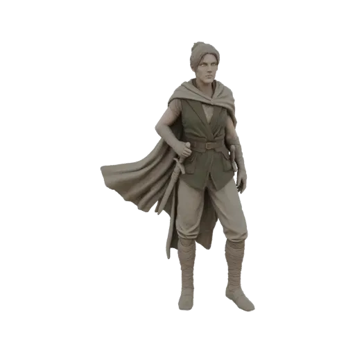 Modelo 3D de aventureiro de fantasia com colete verde, calças marrons, capa esvoaçante e espada, em pose heroica.