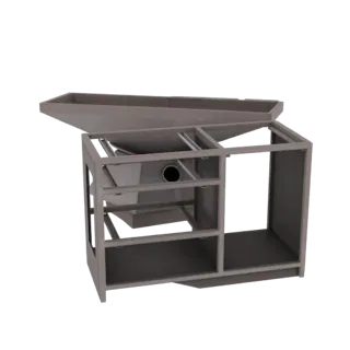 Modello 3D struttura lavello cucina moderna con lavabo e accesso idraulico, finitura metallica.