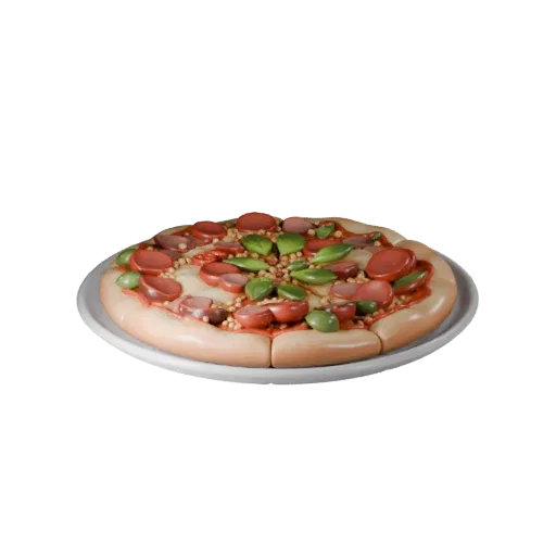 Pizza Realistic 3D model, three-quarter studio render, showing sauces, plated composition.