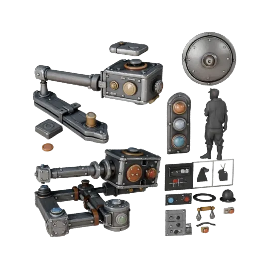 Dungeon Control Lever 3D model, three-quarter front view, Unity viewport, showing metal hinges, form detail.