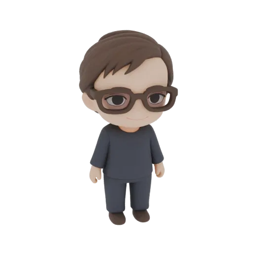 3D model of a cute chibi person with brown hair and glasses, wearing a dark blue shirt and pants, standing against a white ba