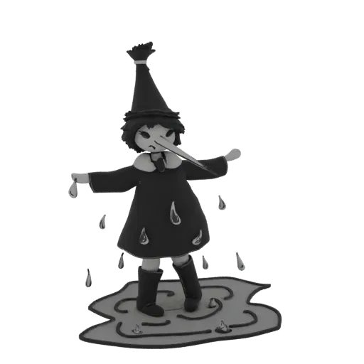 3D model of a sad child with a long nose, wearing a conical hat, standing in a puddle with raindrops falling.