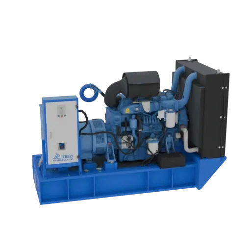 3D model of a blue industrial generator with a black radiator and control panel, set against a black background.
