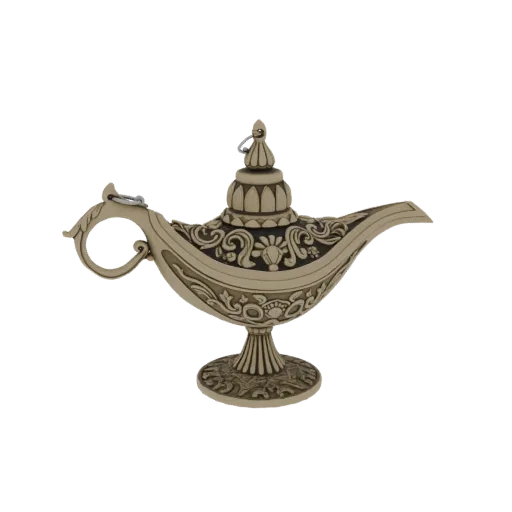 A detailed 3D model of an ornate magic lamp with intricate carvings and a metallic, antique finish, set against a black backg