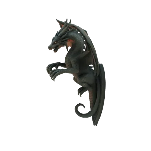 3D model of a dark green gargoyle dragon with glowing yellow eyes, clinging to a wall with outstretched claws and folded wing