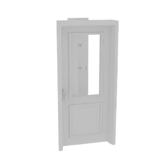 3D model of a modern white interior door with a narrow vertical glass insert and a smooth lower panel, shown from a slight an