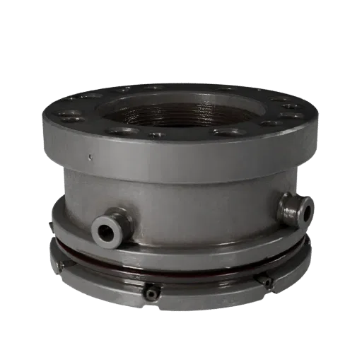 Cast Metal Pipe Flange Realistic 3D model, three-quarter studio render, showing machined metal, precise part geometry.