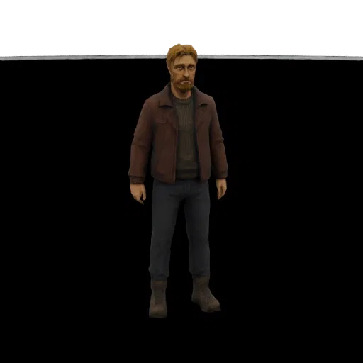 3D model of a man with a beard, wearing a brown jacket, sweater, and jeans, standing with his hands at his sides.