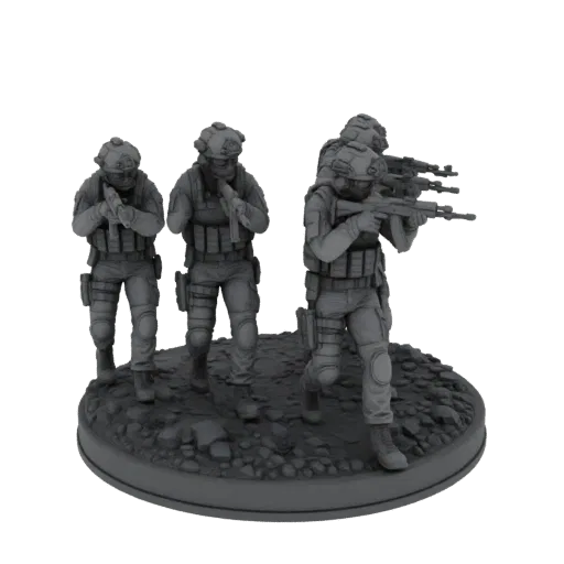 3D model of a modern combat team of four soldiers advancing across a rocky base, armed with rifles.