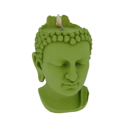 3D model of a green Buddha head candle with a lit wick, featuring closed eyes and serene expression.