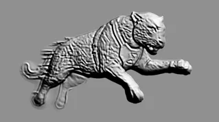Modelo 3D de relevo de tigre em salto, em cor cinza, com alto detalhe de musculatura e pelagem.
