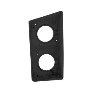 Una renderización 3D de una carcasa oscura y angular diseñada para alojar dos altavoces redondos, presentada sobre un fondo b