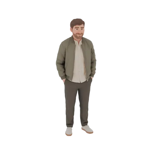 Modello 3D di uomo con capelli e barba castani, indossa giacca bomber verde, camicia chiara e pantaloni grigi, in piedi con l