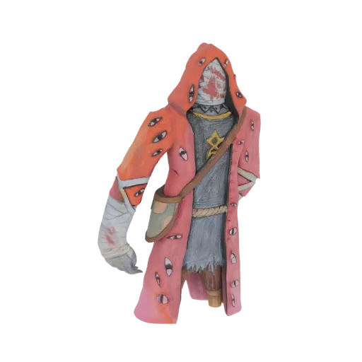 3D model of the All-Seeing Wanderer, a figure in a pink hooded robe covered in eyes, with bandages on one arm.