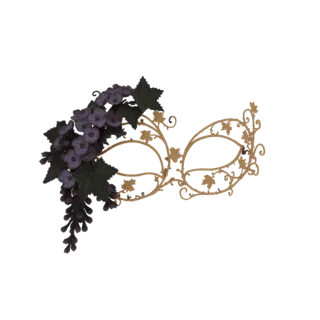 3D model of a golden Venetian masquerade mask adorned with purple grapes and green ivy leaves.