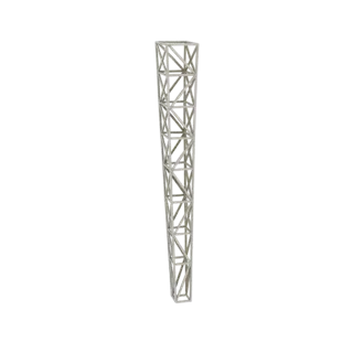 Un rendering 3D di una torre conica realizzata con tralicci geometrici, presentato su sfondo bianco.