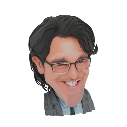 3D model render of a caricature of a man with dark hair, glasses, and a wide, toothy smile, wearing a suit jacket.