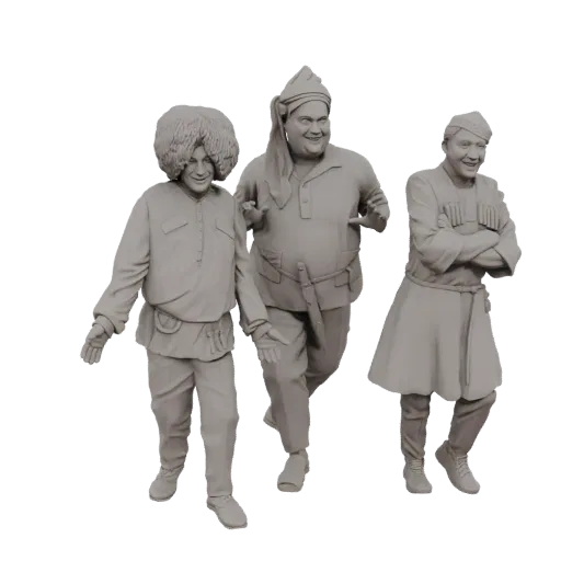 3D model render of three cheerful men in traditional Eastern European clothing, one with a fluffy hat, one with a pointed hat