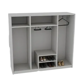 3D model of a white modern wardrobe with shelves, hangers, and shoe compartment, front view