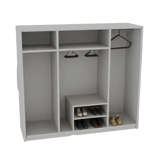 3D model of a white modern wardrobe with shelves, hangers, and shoe compartment, front view
