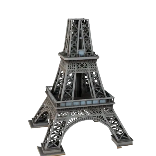 Modelo 3D baixo poli da Torre Eiffel, vista exterior pronta para jogos, mostrando materiais da estrutura do marco histórico e