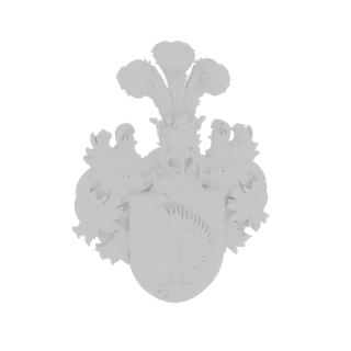 3D model of a white, ornate heraldic crest with a crown, feathers, and a shield featuring an eagle.