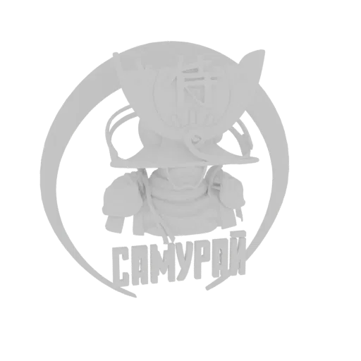 3D model of a white samurai character logo with a circular emblem and the word 'SAMURAI' at the base.