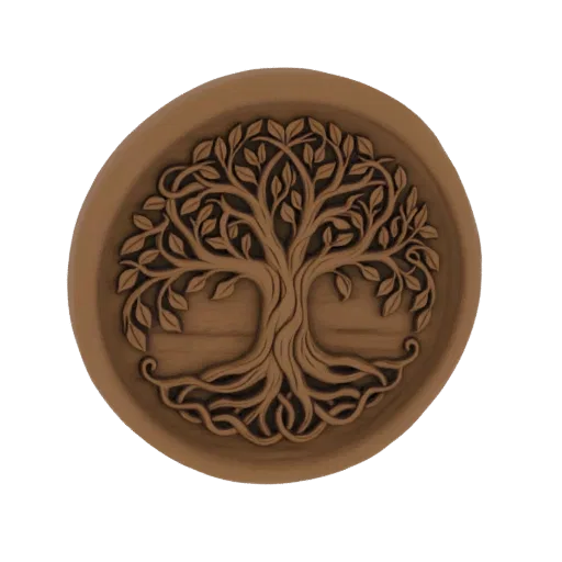 3D model of a Celtic Tree of Life carved into a circular wooden plaque, showcasing intricate knotwork and natural wood textur