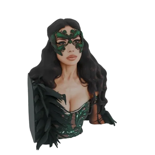 3D model render of a bust of a woman wearing a detailed emerald mask and an ornate green costume with feather accents.