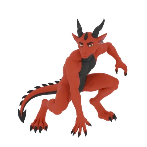3D model of a red dragon character in a crouching pose, with sharp claws, horns, and a long tail, set against a white backgro