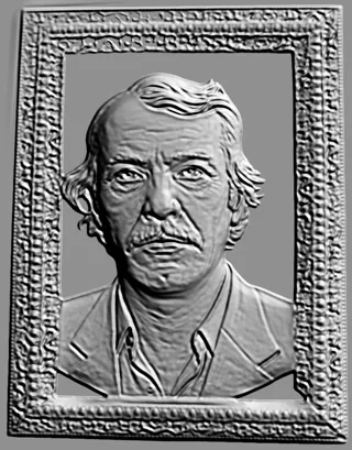 3D model of a man's bas-relief in an ornate frame, rendered in gray.
