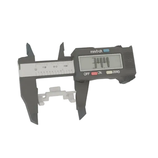 3D model of a digital caliper with a clear display showing '34.44' mm, measuring a small white component.
