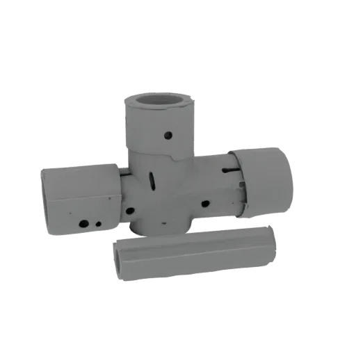 3D model of a gray plastic 14mm pipe tee connector with a separate sleeve, on a white background.