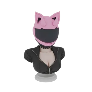 Render 3D di un busto con casco rosa e orecchie da gatto, visiera nera e giacca in pelle nera, esposto su base bianca.