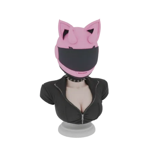 3D render of a pink cat-eared helmet bust with a black visor and black leather jacket, displayed on a white base.
