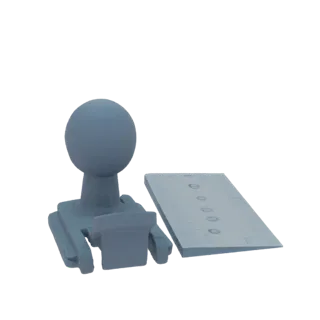Ein minimalistisches 3D-Modell eines grauen Gummistempels neben einem grauen Notizblock mit Linien und kreisförmigen Abdrücke