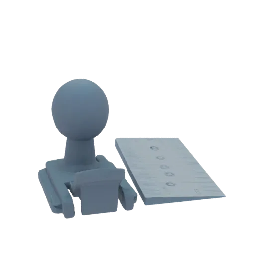 A minimalist 3D model of a gray rubber stamp next to a gray notepad with ruled lines and circular impressions.