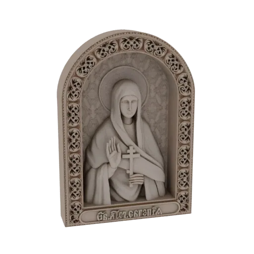 3D model of an Orthodox saint icon with a relief of a saint holding a cross, set within an ornate arched frame.