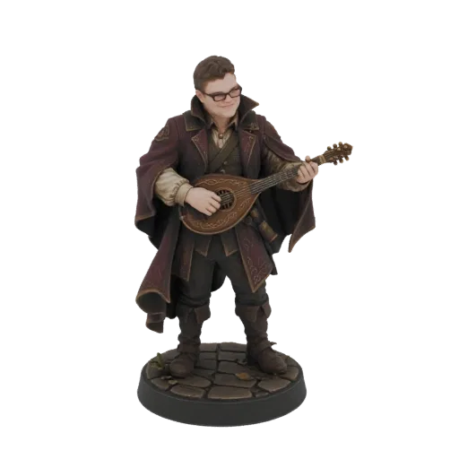 3D model of a fantasy bard playing a lute, wearing a maroon cloak and detailed tunic, standing on a cobblestone base.