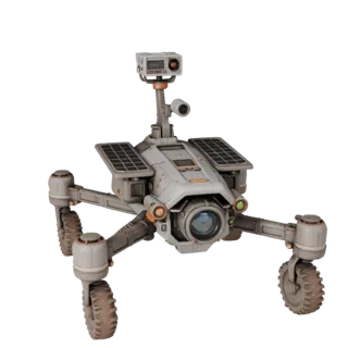 Prospector Drone Scout High Poly 3D-Modell, Nahaufnahme Studio-Rendering, zeigt staubige Räder, Fahrzeugposition.